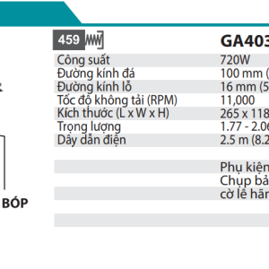 Makita GA4034 MÁY MÀI GÓC(100MM/720W/CÔNG TẮC BÓP)