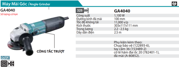 Makita GA4040 MÁY MÀI GÓC(100MM/1100W/CÔNG TẮC TRƯỢT)