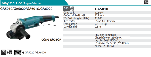 Makita GA5010 MÁY MÀI GÓC(125MM/1050W/CÔNG TẮC BÓP)