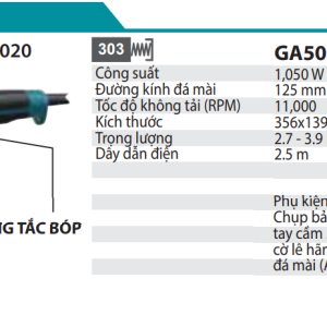 Makita GA5020 MÁY MÀI GÓC(125MM/1050W/CÔNG TẮC BÓP)