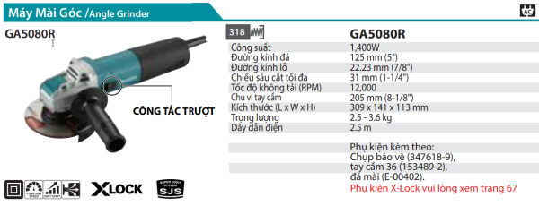 Makita GA5080R MÁY MÀI GÓC(125MM/1400W/CÔNG TẮC TRƯỢT)