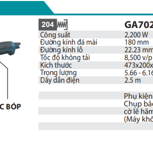 Makita GA7020 MÁY MÀI GÓC(180MM/2200W/CÔNG TẮC BÓP)