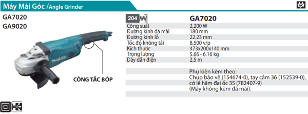 Makita GA7020 MÁY MÀI GÓC(180MM/2200W/CÔNG TẮC BÓP)