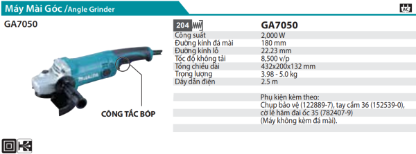 Makita GA7050 MÁY MÀI GÓC(180MM/2000W/CÔNG TẮC BÓP)