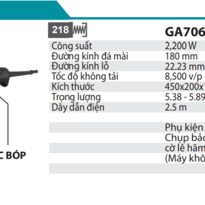 Makita GA7060 MÁY MÀI GÓC(180MM/2200W/CÔNG TẮC BÓP)