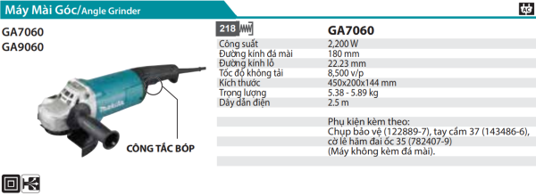 Makita GA7060 MÁY MÀI GÓC(180MM/2200W/CÔNG TẮC BÓP)