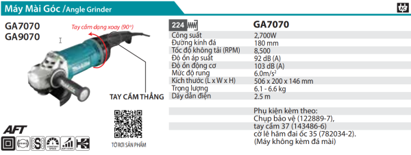 Makita GA7070 MÁY MÀI GÓC(180MM/2800W/CÔNG TẮC BÓP)