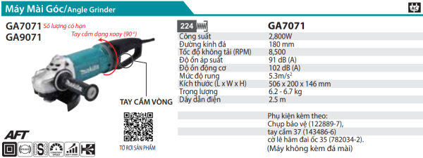 Makita GA7071 MÁY MÀI GÓC(180MM/2800W/TAY CẦM DẠNG VÒN