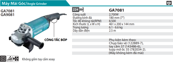 Makita GA7081 MÁY MÀI GÓC(180MM/2700W/CÔNG TẮC BÓP)