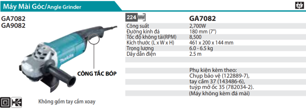 Makita GA7082 MÁY MÀI GÓC(180MM/2700W/CÔNG TẮC BÓP)