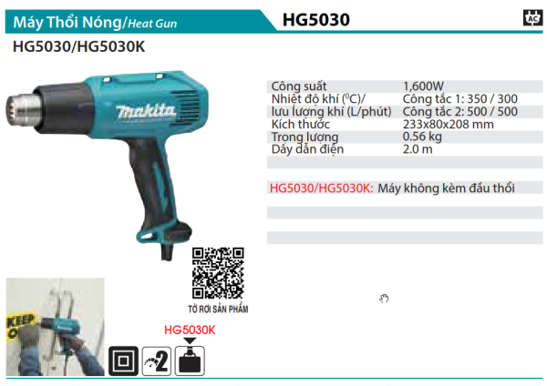 Makita HG5030 MÁY THỔI NÓNG(1600W)