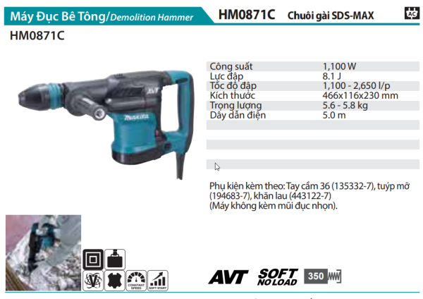 Makita HM0871C MÁY ĐỤC BÊ TÔNG(CHUÔI GÀI SDS-MAX)