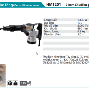 Makita HM1201 MÁY ĐỤC BÊ TÔNG(CHUÔI LỤC GIÁC 21MM)