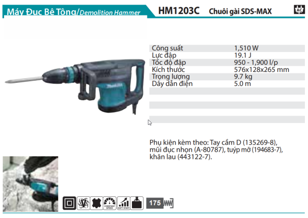 Makita HM1203C MÁY ĐỤC BÊ TÔNG(CHUÔI GÀI SDS-MAX)