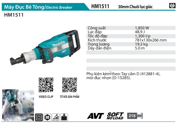 Makita HM1511 MÁY ĐỤC BÊ TÔNG(CHUÔI LỤC GIÁC 30MM/AVT)