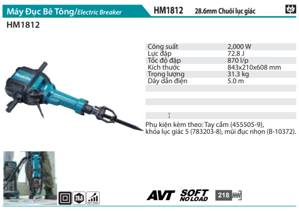 Makita HM1812 MÁY ĐỤC BÊ TÔNG(CHUÔI LỤC GIÁC 28.6MM)