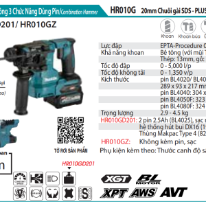 Makita HR010GD201 MÁY KHOAN BÊ TÔNG 3 CHỨC NĂNG DÙNG PIN(CHUÔI GÀI SDS-PLUS/20MM)(40V MAX)