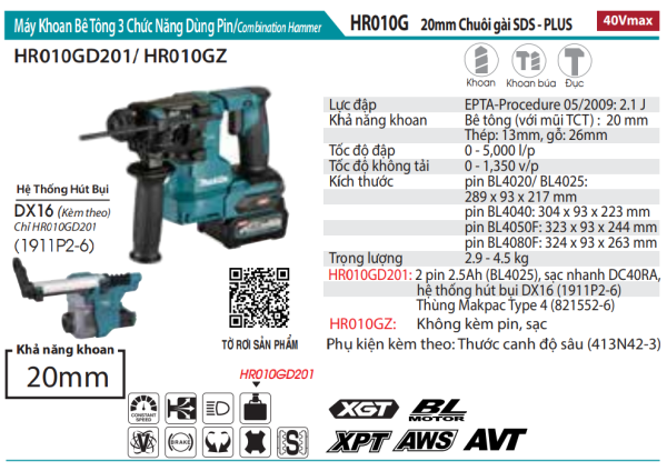 Makita HR010GD201 MÁY KHOAN BÊ TÔNG 3 CHỨC NĂNG DÙNG PIN(CHUÔI GÀI SDS-PLUS/20MM)(40V MAX)