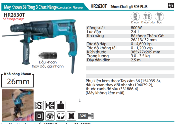 Makita HR2630T MÁY KHOAN BÊ TÔNG 3 CHỨC NĂNG