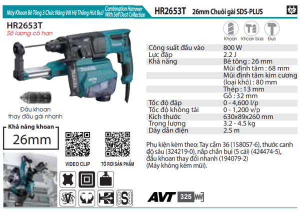 Makita HR2653T MÁY KHOAN BÊ TÔNG 3 CHỨC NĂNG