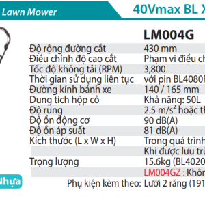 Makita LM004GZ MÁY CẮT CỎ ĐẨY DÙNG PIN(430MM/BL)(40V MAX) (chưa kèm pin sạc)