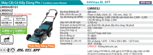 Makita LM004JB101 MÁY CẮT CỎ ĐẨY DÙNG PIN(530MM/BL)(64V MAX)  (không kèm pin sạc)