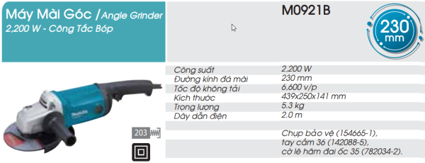 Makita M0921B MÁY MÀI GÓC(230MM/2200W/CÔNG TẮC BÓP)