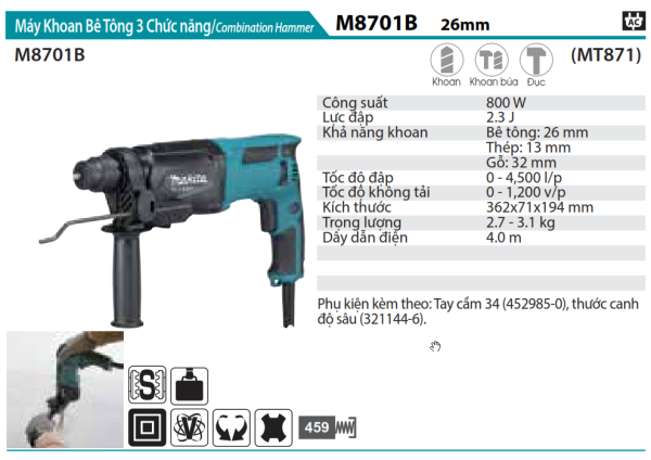 Makita M8701B MÁY KHOAN BÊ TÔNG 3 CHỨC NĂNG