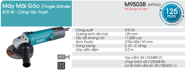 Makita M9503B MÁY MÀI GÓC(125MM/570W/CÔNG TẮC TRƯỢT)