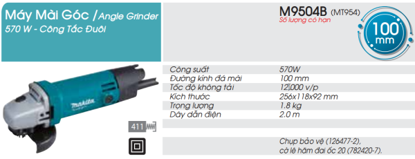 Makita M9504B MÁY MÀI GÓC(100MM/570W/CÔNG TẮC ĐUÔI)