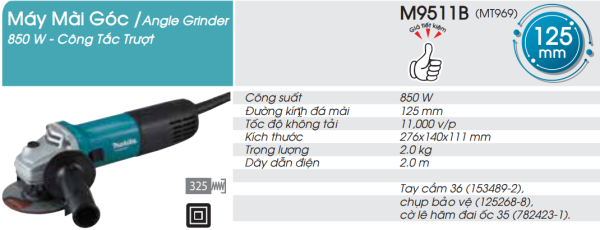 Makita M9511B MÁY MÀI GÓC(125MM/850W/CÔNG TẮC TRƯỢT)