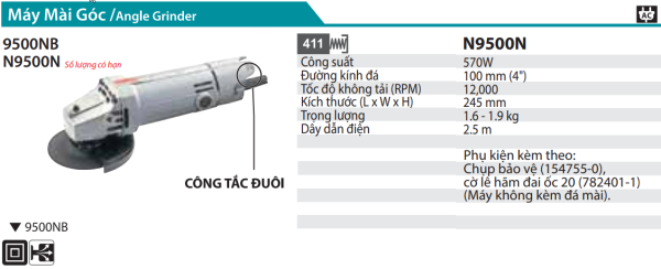 Makita N9500N MÁY MÀI GÓC(100MM/570W/CÔNG TẮC ĐUÔI)