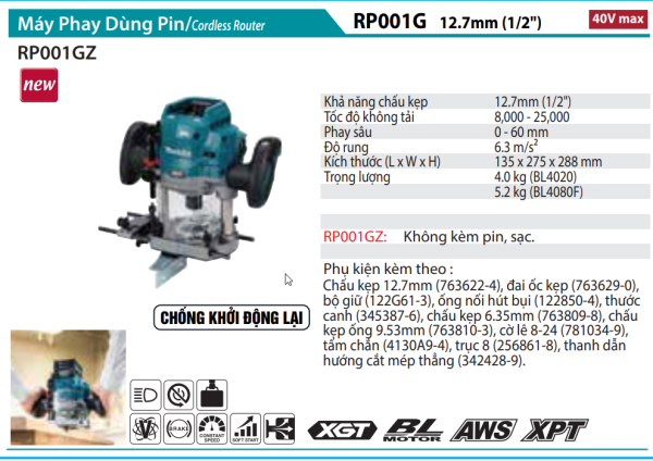 Makita RP001GZ Máy phay dùng pin 40V