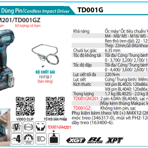 Makita TD001GM201 MÁY BẮT VÍT DÙNG PIN(BL)(40V MAX) (kèm 02 pin 4.0Ah + sạc nhanh)