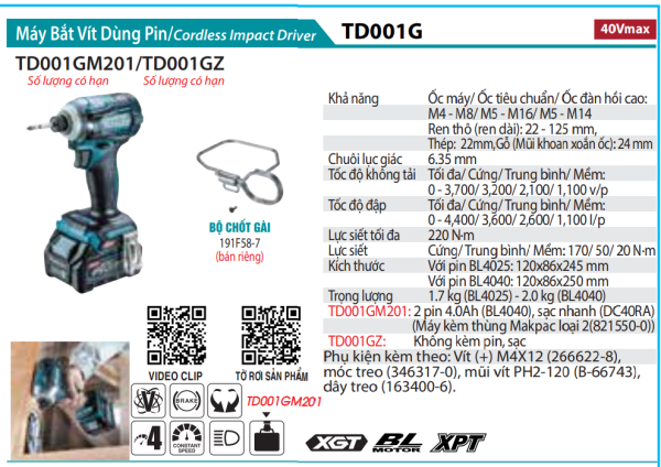 Makita TD001GM201 MÁY BẮT VÍT DÙNG PIN(BL)(40V MAX) (kèm 02 pin 4.0Ah + sạc nhanh)