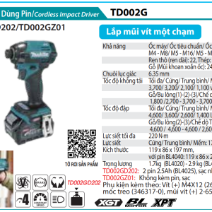 Makita TD002GZ01 MÁY BẮT VÍT DÙNG PIN(BL)(40V MAX) (Chưa kèm pin sạc)