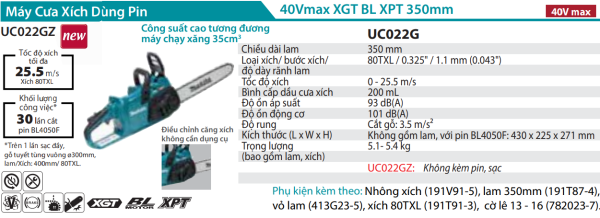 Makita UC022GZ Máy Cưa Xích Dùng Pin 40V