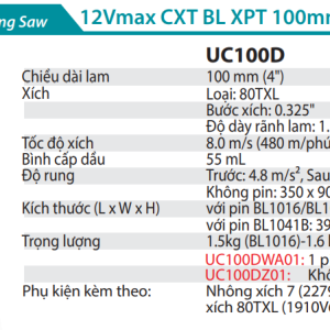 Makita UC100DWA01 MÁY CƯA CÀNH DÙNG PIN(100MM/BL)(12V MAX) kèm 01 pin + 1 sạc