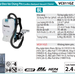 Makita VC011GZ MÁY HÚT BỤI ĐEO VAI DÙNG PIN(HEPA/6L/BL)(40V MAX) (chưa kèm pin sạc)