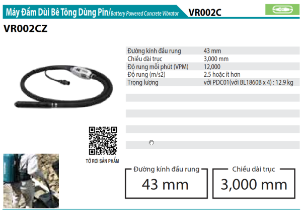 Máy Đầm Dùi Bê Tông Dùng Pin VR002CZ